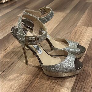 Jimmy Choo Glittering Silver Peep-Toe Heels